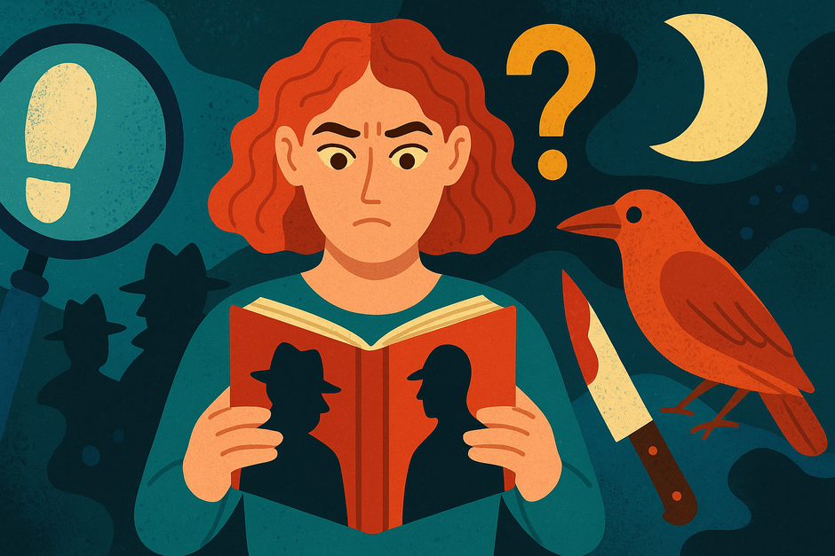 Ilustracja przedstawia kobietę czytającą książkę z tajemniczymi sylwetkami na okładce, otoczoną symbolami kojarzonymi z kryminałem: lupą z odciskiem stopy, krukiem, zakrwawionym nożem, znakiem zapytania i księżycem. Kolorowa kompozycja utrzymana jest w kontrastowych barwach, tworząc atmosferę zagadki i niepokoju.