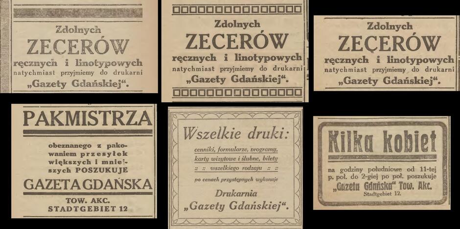 Sześć wycinków prasowych z ogłoszeniami: w jednym drukarnia reklamuje swoje usługi, w innych chce zatrudnić zecerów, pakmistrza oraz kilka kobiet na godziny południowe do nieokreślonych zadań