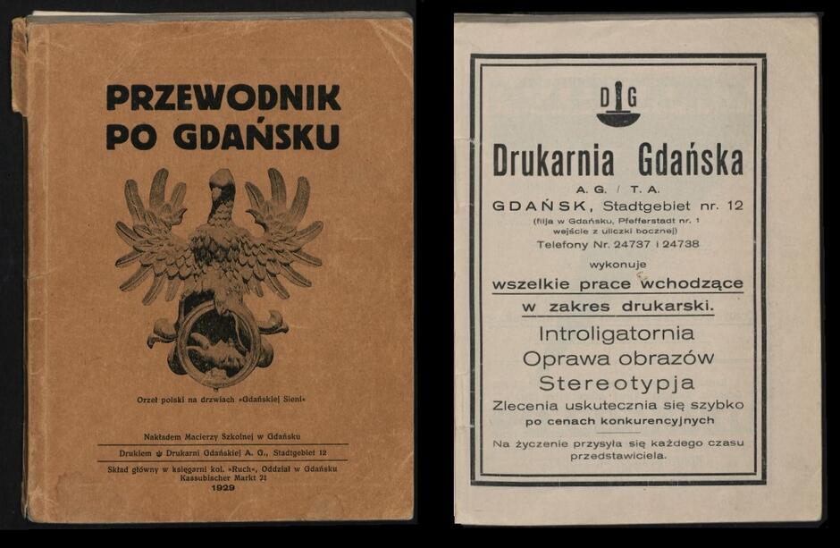 Okładka przewodnika z orłem oraz strona reklamowa, z której dowiadujemy się, że Drukarnia Gdańska wykonuje wszelkie prace wchodzące w zakres drukarski