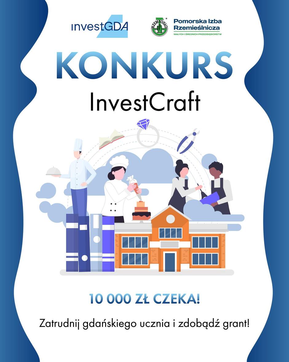 Plakat informujący o konkursie grantowym dla rzemieślników, na którym jest grafika przedstawiająca różnych rzemieślników.