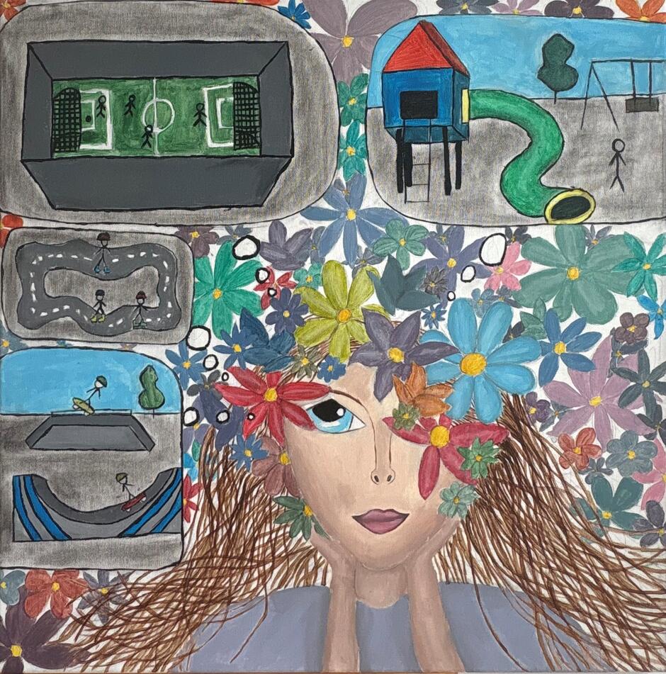rysunek dziecięcy, widać ludzką twarz pokrytą kwiatami