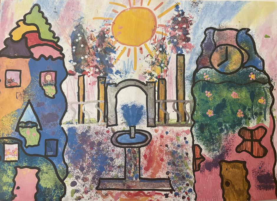 kolorowy rysunek dziecięcy, przedstawia budynki