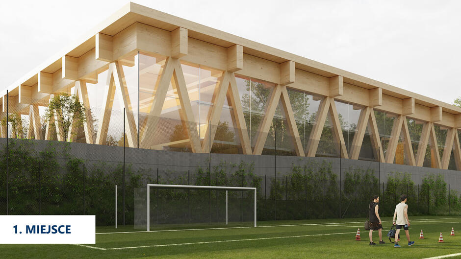 Grafika z projektem hali sportowo-widowiskowej.