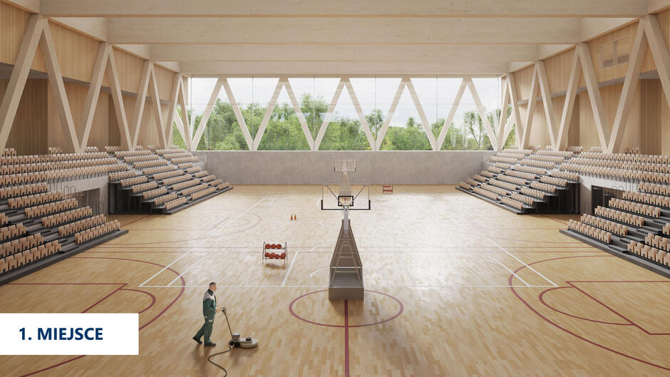 Grafika z projektem wnętrza hali widowiskowo-sportowej.