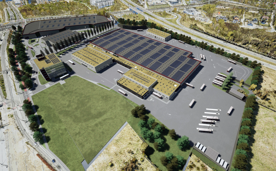 widok z lotu ptaka, widać dużą halę z parkingami dla autobusów