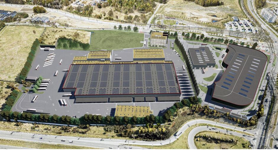 zdjęcie z lotu ptaka, widać rozległą, ale niewysoką halę