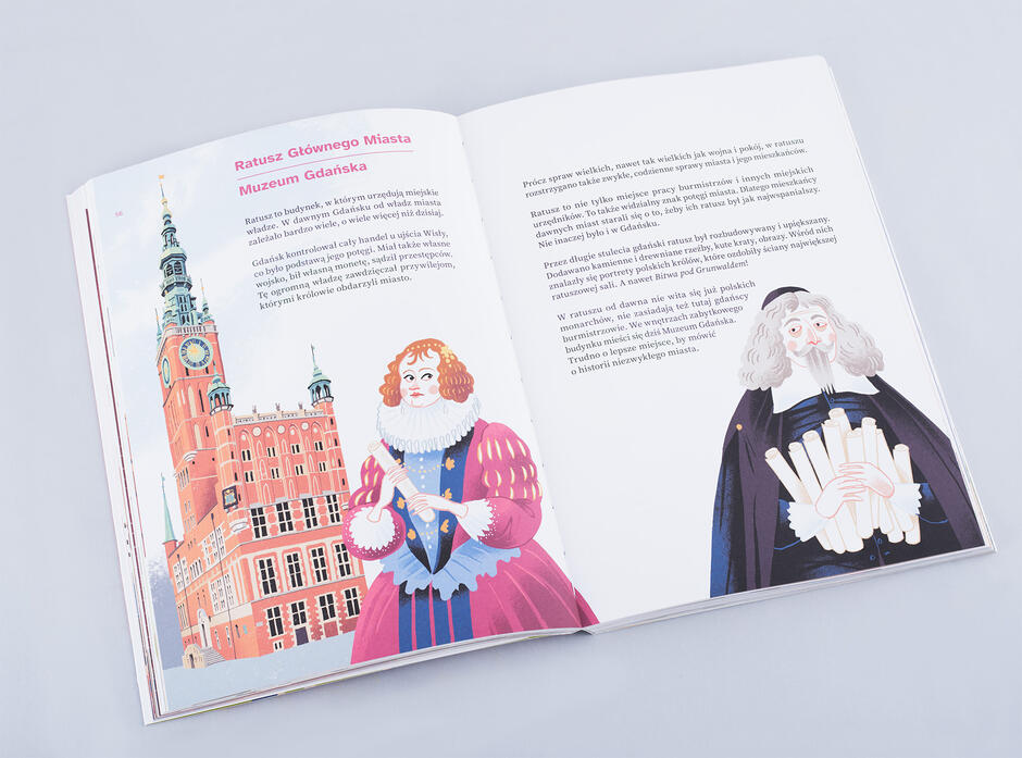 Rozłożona książka dla dzieci o Gdańsku z ilustracjami w środku.