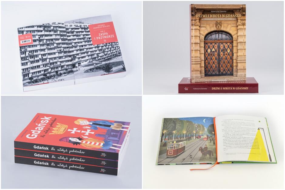 Kolaż czterech zdjęć pokazujących książki o Gdańsku wydawane przez Muzeum Gdańska.