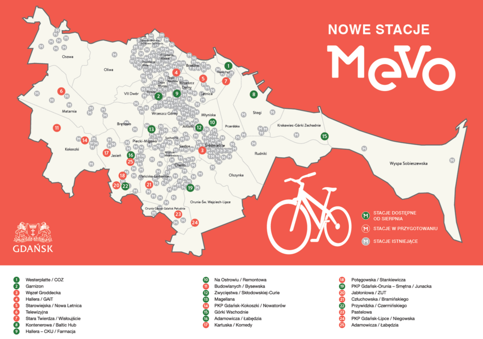 Na grafice przedstawiono mapę Gdańska z zaznaczonymi lokalizacjami nowych stacji rowerowych systemu Mevo, z podziałem na stacje dostępne od sierpnia (zielone), w przygotowaniu (czerwone) oraz już istniejące (szare). Pod mapą znajduje się legenda z numerami i nazwami 25 nowych lokalizacji, m.in. Westerplatte, Garnizon, PKP Gdańsk-Orunia i Stara Twierdza.
