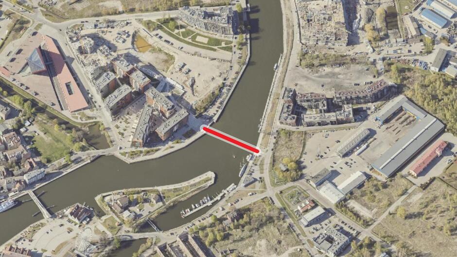 Mapa z widoczną w środkowej części rzeką i domami wokół