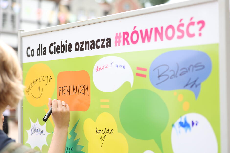 Na tablicy z hasłem „Co dla Ciebie oznacza #RÓWNOŚĆ?” uczestnicy wydarzenia zapisują swoje skojarzenia, takie jak „Tolerancja”, „Feminizm” czy „Balans”. Zdjęcie ukazuje aktywny udział osób w tworzeniu wspólnej przestrzeni dialogu i refleksji nad wartościami społecznymi.
