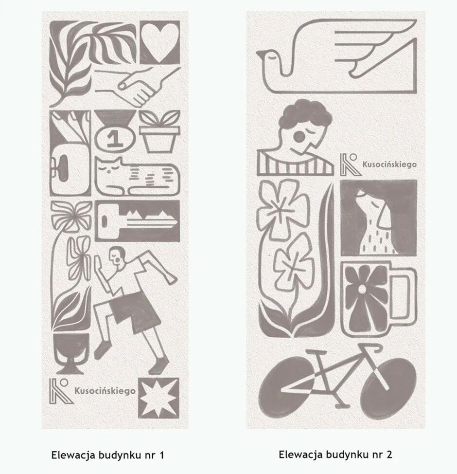 Grafiki na elewacjach budynków nr 1 i 2 przedstawiają symboliczne ilustracje związane z codziennym życiem, naturą, ruchem i relacjami międzyludzkimi. Kompozycje utrzymane w jednolitej stylistyce wprowadzają element artystyczny i przyjazny klimat do przestrzeni osiedla przy ul. Kusocińskiego.
