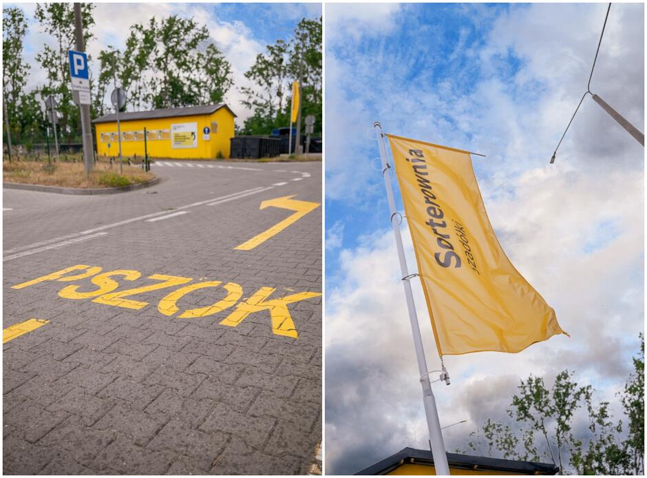 Kolaż dwóch zdjęć przedstawiających punkt odbioru odpadów. Na jednym zdjęciu żółta strzałka i napis PSZOK namalowane na jezdni, na drugim zdjęciu żółta flaga z napisem sorterownia .