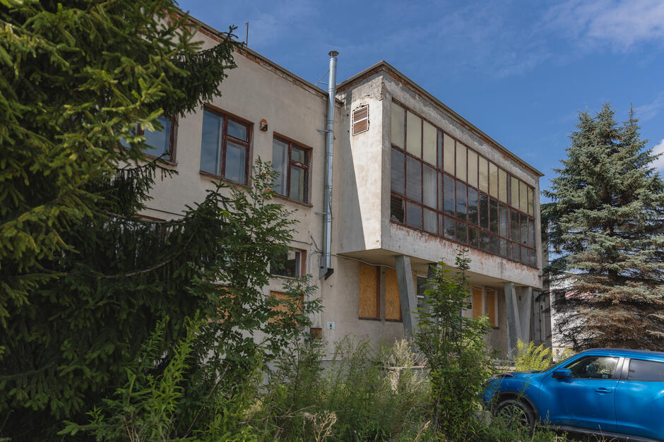 Zdjęcie budynku przed którym stoi duże drzewo iglaste