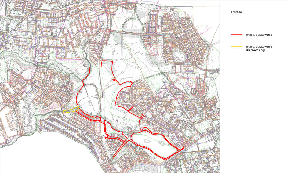 Na mapie przedstawiono fragment planu zagospodarowania przestrzennego z zaznaczonymi granicami opracowania