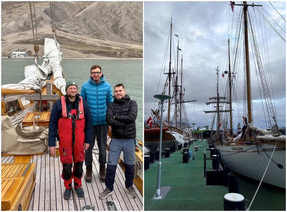Kolaż dwóch pionowych zdjęć. Na zdjęciu z lewej trzech mężczyzn stoi na drewnianym pokładzie żaglowca i pozuje do zdjęcia, w tle ląd i budynek stacji polarnej. Na zdjęciu z prawej żaglowiec przycumowany do kei w porcie. po drugiej stronie kei zacumowany jest drugi żaglowiec. 