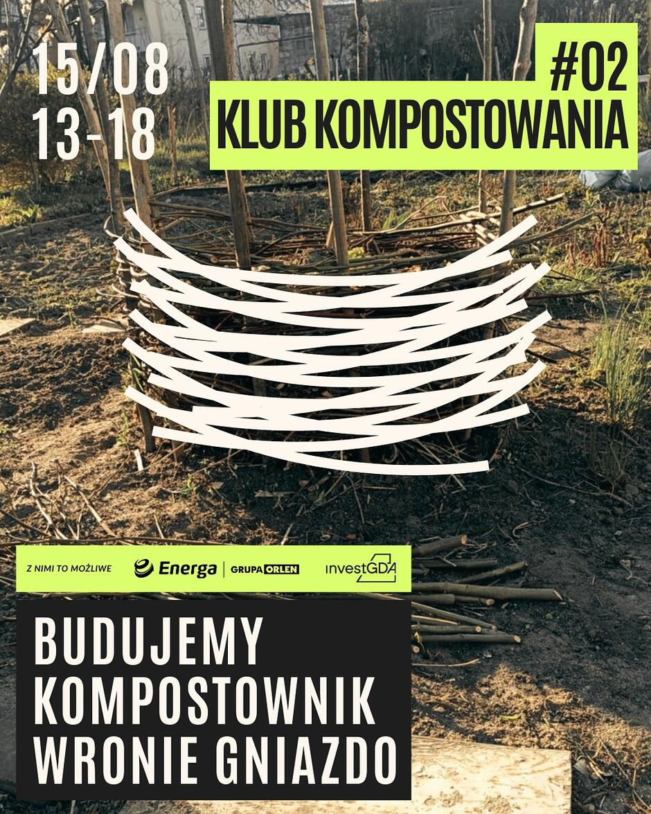 Plakat informujący o warsztatach z kompostowania i budowy kompostownika.