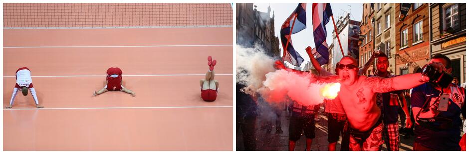 Kolaż dwóch zdjęć, na jednym trójka gimnastyków w różnych pozach, na drugim kibice na ulicy miasta.