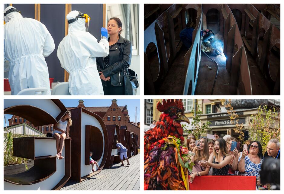 Kolaż czterech zdjęć. Kobieta badana jest na covid przez człowieka w kombinezonie ochronnym. Stoczniowiec spawa elementy statku. Weseli ludzie na ulicy miasta obok wielkiego koguta. Ludzie wchodzą na litery ustawione w mieście składające się w napis GDAŃSK.