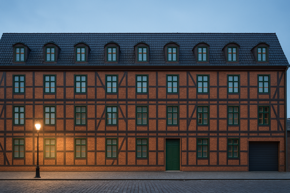 Trzypiętrowa kamienica o elewacji ceglano-szachulcowej