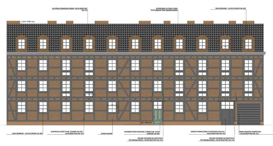 Rysunek trzypiętrowej kamienicy z elewacją ceglano-szachulcową
