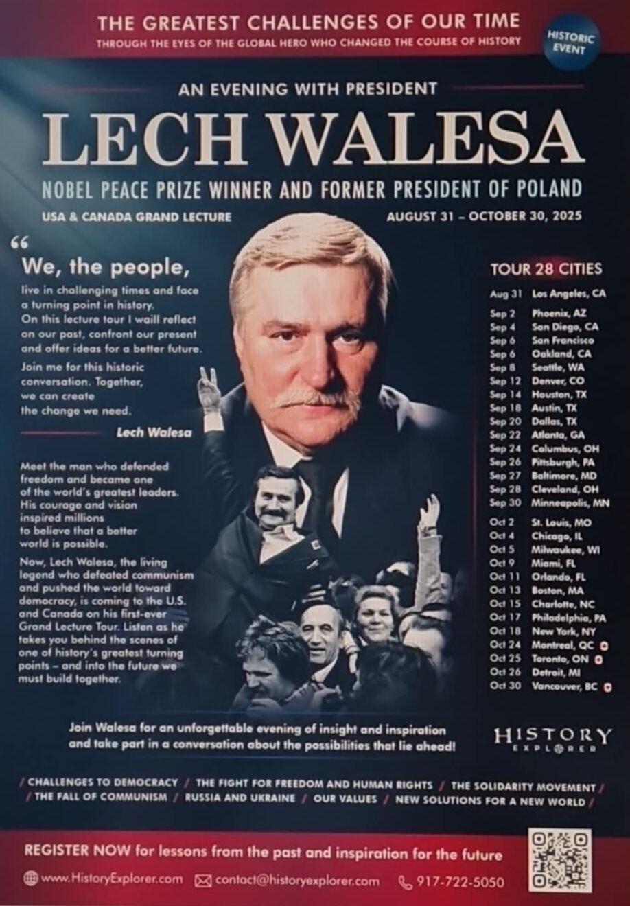 Plakat z wizerunkiem Lecha Wałęsy, napisami po angielsku - po prawej pionowo jest lista miejscowości i daty