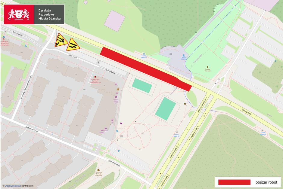 Grafika z mapą pokazującą roboty drogowe.