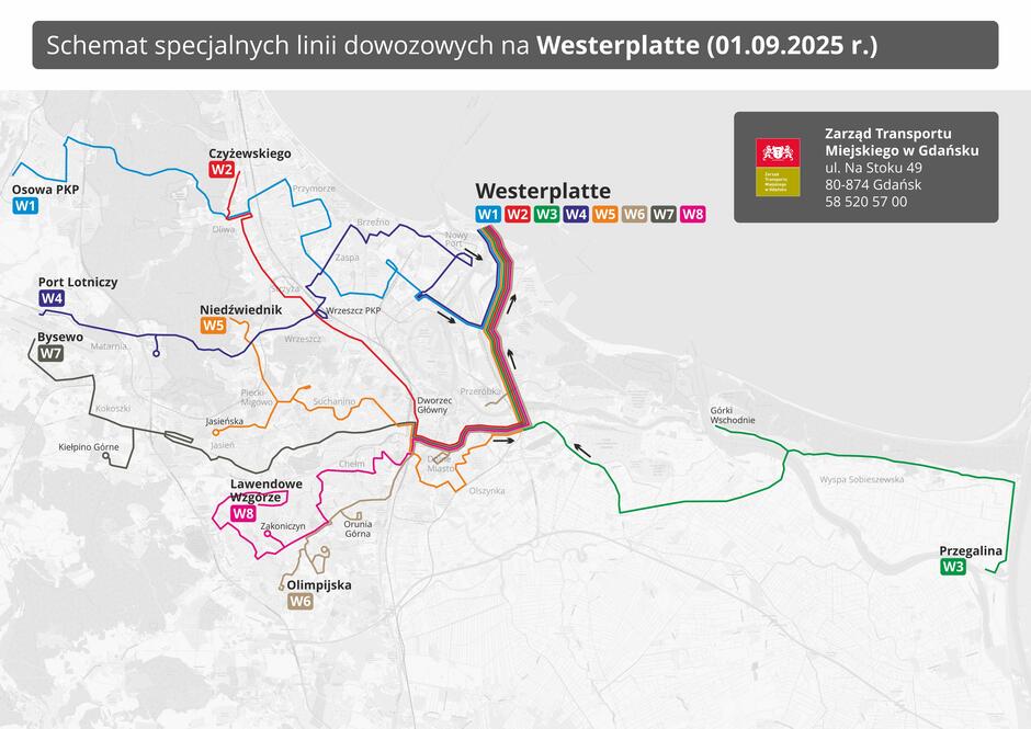 Mapa z liniami autobusów.