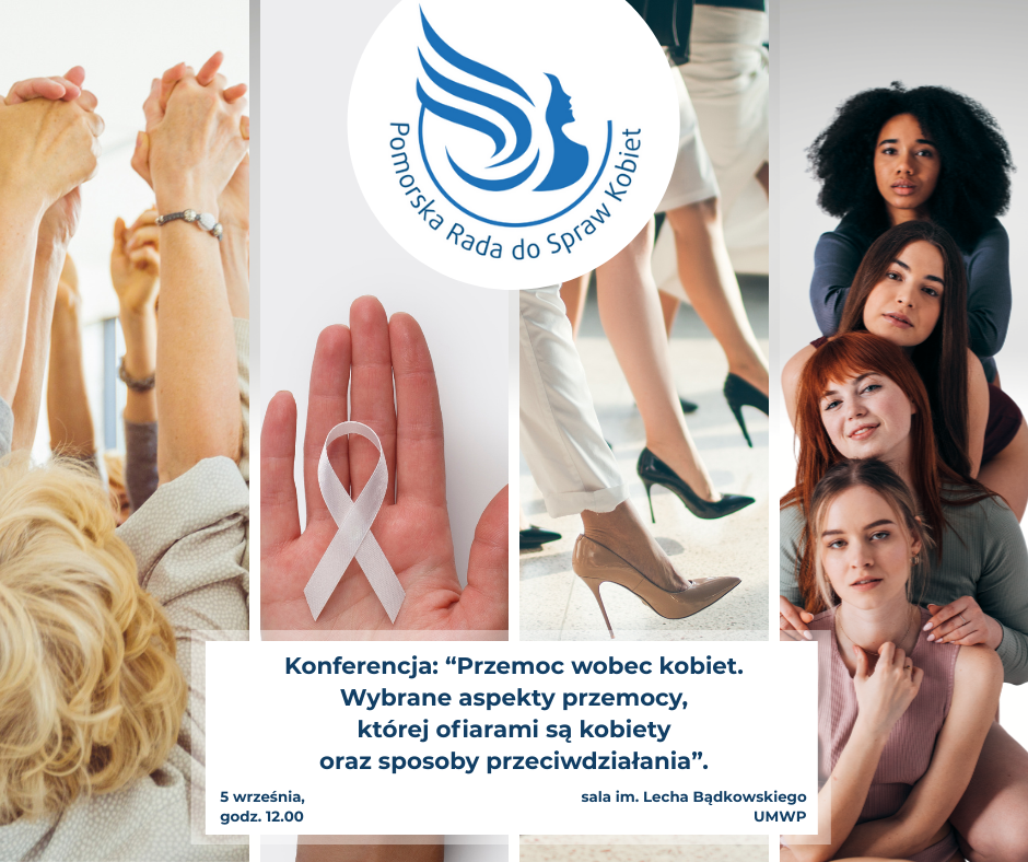 Grafika ze zdjęciami twarzy kobiet, rąk, dłoni i nóg z napisami informującymi o konferencji poświęconej przemocy wobec kobiet.