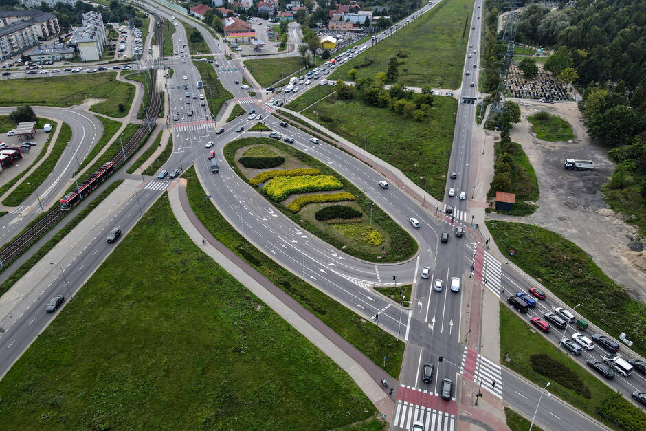 zdjęcie z drona, widać duże skrzyżowanie, po obu stronach jezdnie po których jadą samochody