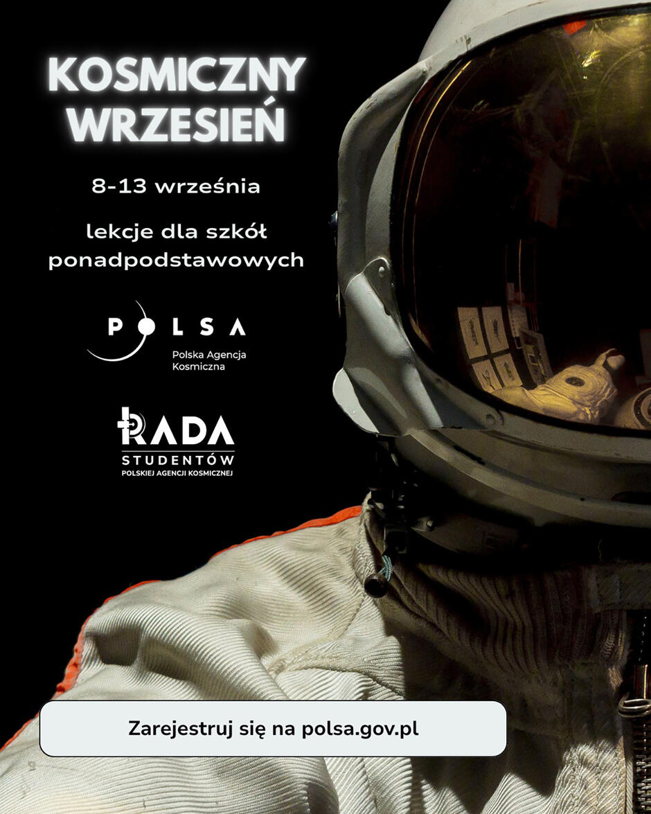 Grafika z kaskiem astronauty informująca o lekcjach kosmicznych.