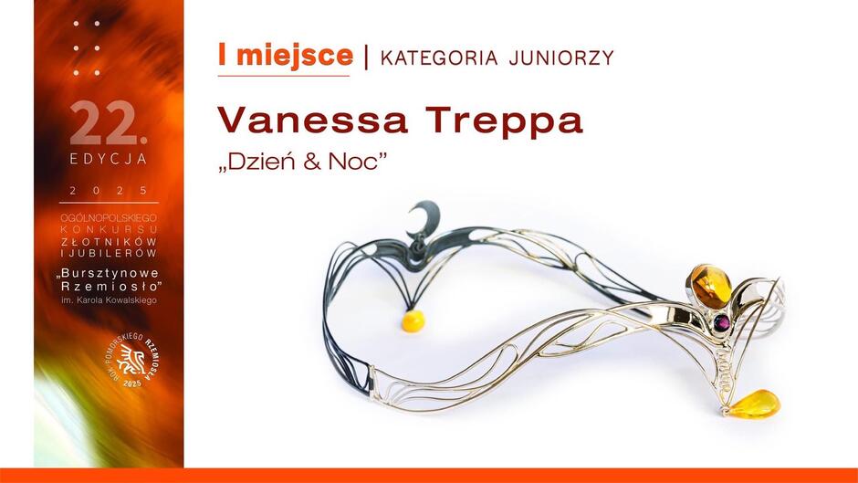 Grafika pokazująca diadem ze srebra i bursztynu z napisem informującym, ze to pierwsza nagroda w konkursie.