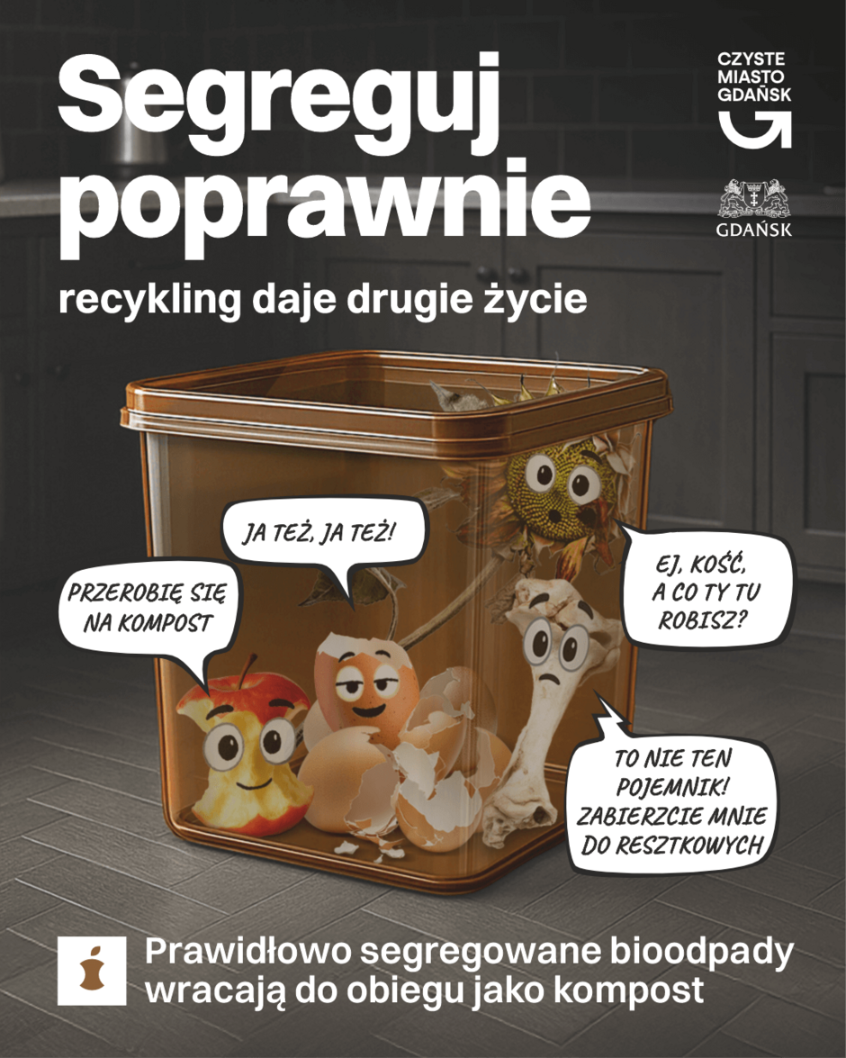 Plakat promuje prawidłową segregację odpadów bio, pokazując wesołe resztki jedzenia, które mówią, że przerobią się na kompost. Wyróżniono też błąd – kość trafiająca do bioodpadów, która powinna zostać wrzucona do odpadów resztkowych.
