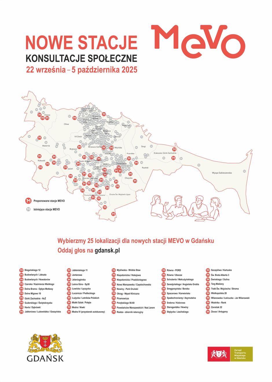 Plakat informuje o konsultacjach społecznych dotyczących wyboru 25 nowych stacji rowerowych MEVO w Gdańsku, które odbędą się w dniach 22 września – 5 października 2025 roku. Na mapie zaznaczono istniejące i proponowane lokalizacje stacji, a głosowanie odbywa się na stronie gdansk.pl.
