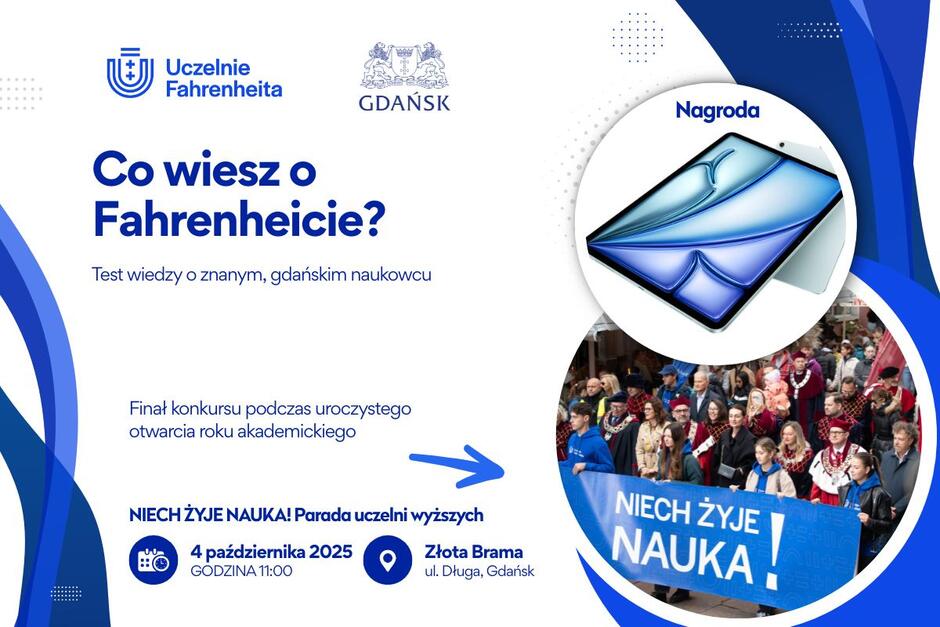 Grafika informująca o konkursie wiedzy o Gabrielu Fahrenheicie.