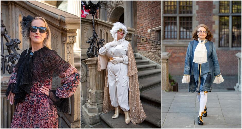 Kolaż trzech zdjęć, na których kobiety pozują na starym mieście do zdjęcia w strojach z epoki.
