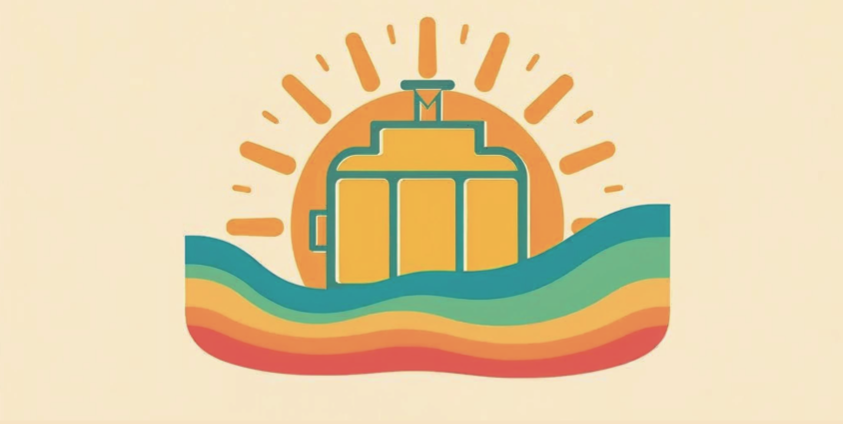 Na grafice widać stylizowany rysunek tramwaju na tle zachodzącego słońca i kolorowych fal w odcieniach czerwieni, żółci, zieleni i niebieskiego. Całość ma pogodny, letni charakter.