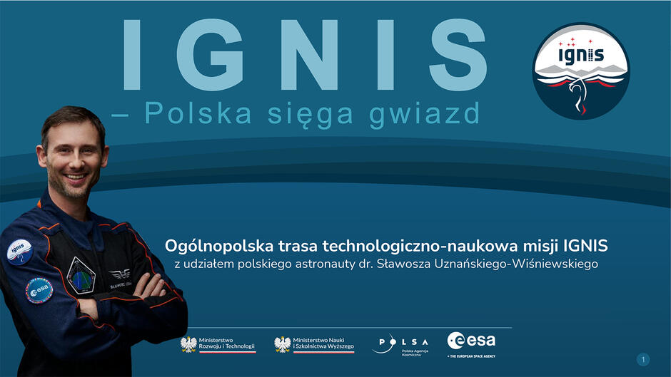 Grafika ze zdjęciem astronauty informująca o wykładach i spotkaniach ze Sławoszem Uznańskim-Wiśniewskim.