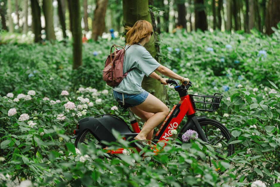Na zdjęciu widać młodą kobietę jadącą czerwonym rowerem miejskim MEVO przez zielony las pełen kwitnących hortensji. Ma na sobie jasną koszulkę, dżinsowe szorty oraz różowy plecak, a całość emanuje letnią, swobodną atmosferą.
