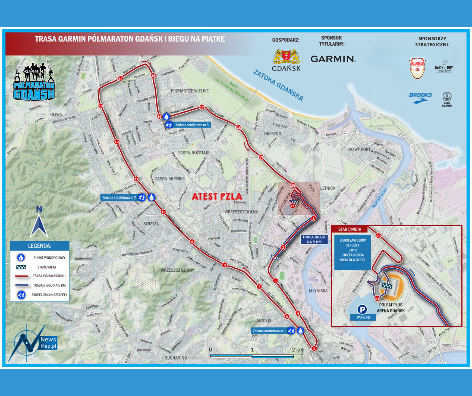 Mapa przedstawia trasę Garmin Półmaratonu Gdańsk oraz biegu na 5 km, z wyznaczonymi punktami wodopojowymi i strefami zmian sztafetowych. Start i meta znajdują się przy Polsat Plus Arenie Gdańsk.