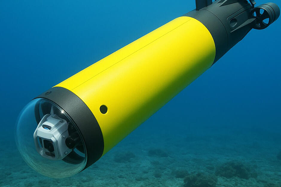 Podwodny pojazd żółtego koloru z kamerą z przodu.