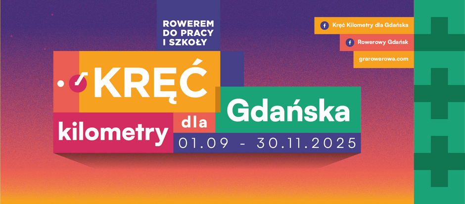 Kolorowy plakat promuje akcję „Kręć kilometry dla Gdańska”, zachęcając do dojazdów rowerem do pracy i szkoły. Wydarzenie odbywa się od 1 września do 30 listopada 2025 roku, a szczegóły dostępne są na stronie grarowerowa.com.

