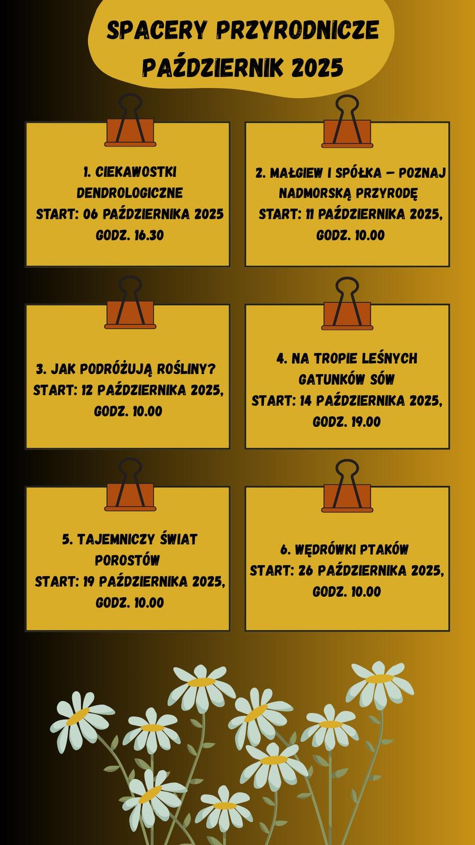 Plakat zapowiada cykl spacerów przyrodniczych w październiku 2025 roku, obejmujących m.in. tematykę drzew, nadmorskiej przyrody, sów, porostów i ptaków. Wydarzenia odbędą się w różnych dniach miesiąca, a ich godziny startu podano przy każdym tytule spotkania.
