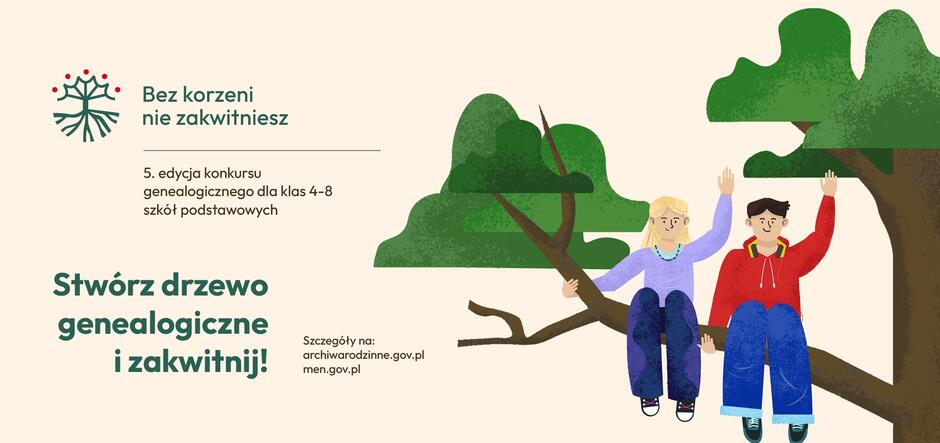 Grafika informująca od konkursie „Bez korzeni nie zakwitniesz”.