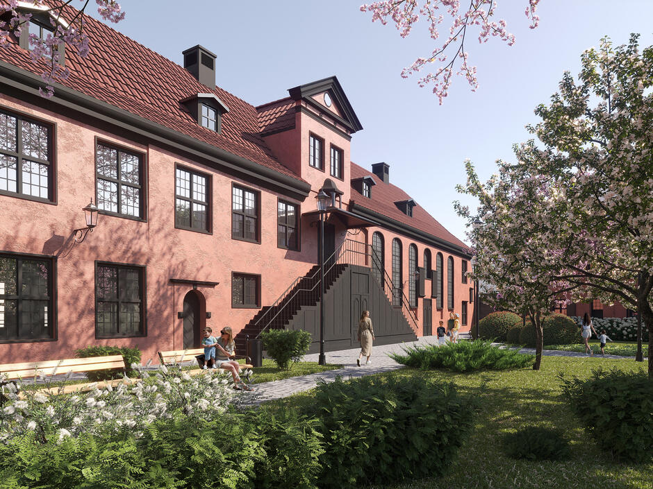 wizualizacja, przedstawia odnowiony budynek