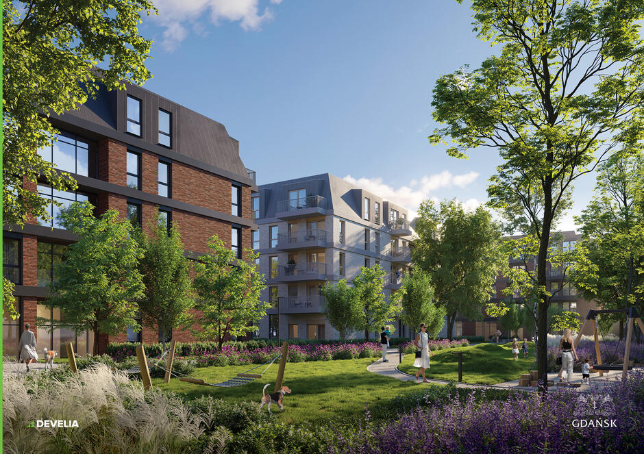 wizualizacja przedstawia dwa nowoczesne budynki otoczone zielenią