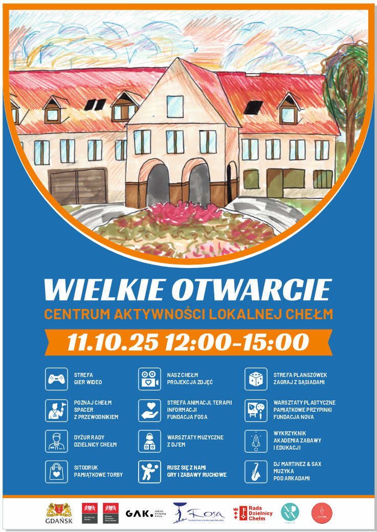 plakat na Wielkie Otwarcie Centrum Aktywności Chełm z rysunkiem budynku. Wymienione są na nim te same aktywności, o których mowa w tekście