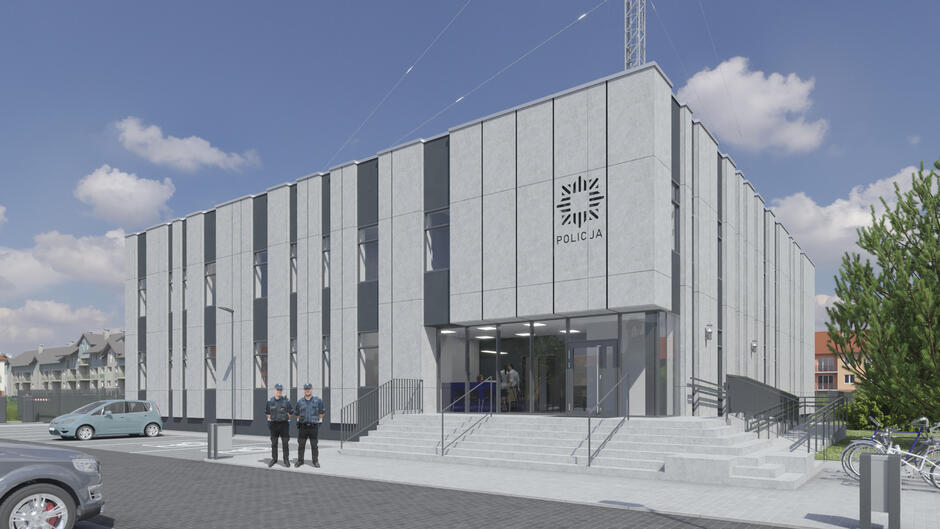 wizualizacja, przedstawia wysoki betonowy prosty budynek