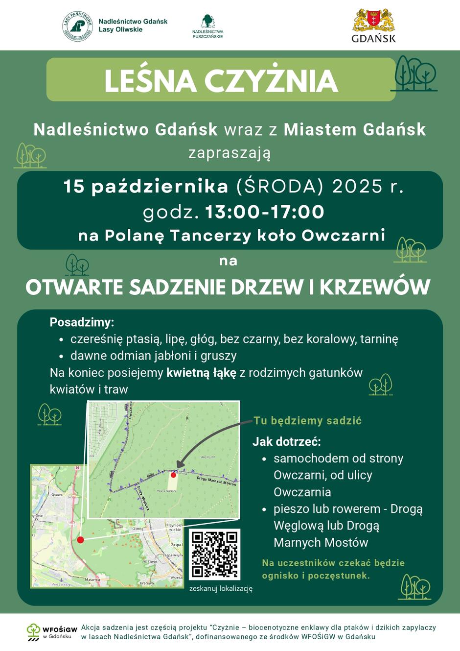 Plakat wydarzenia „Leśna Czyżnia” informujący o otwartym sadzeniu drzew i krzewów 15 października 2025 roku na Polanie Tancerzy koło Owczarni w Gdańsku. Zawiera szczegóły dotyczące gatunków roślin, lokalizacji oraz zaproszenie na ognisko dla uczestników.