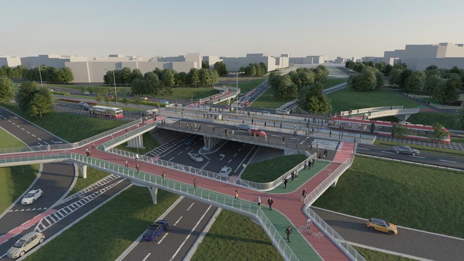 Wizualizacja przedstawia nowoczesny węzeł komunikacyjny z estakadami dla pieszych i rowerzystów nad główną arterią drogową. Infrastruktura obejmuje również torowisko tramwajowe, przystanki oraz liczne przejścia i ścieżki rowerowe otoczone zielenią. 